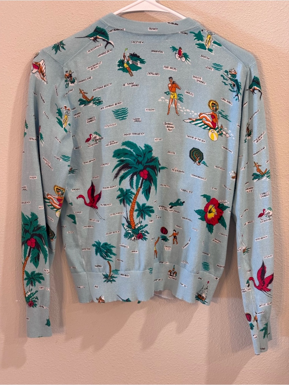 J Crew Retro Florida Travel Map Print Jackie Cardin Sweater, Blue, Medium - Picture 2 of 16